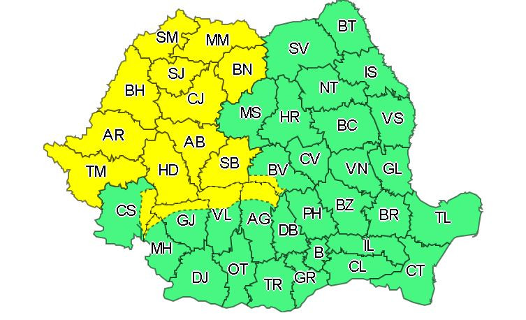 Atenționare meteo Cod galben de furtuni și ploi abundente în 16 județe, până la ora 21:00