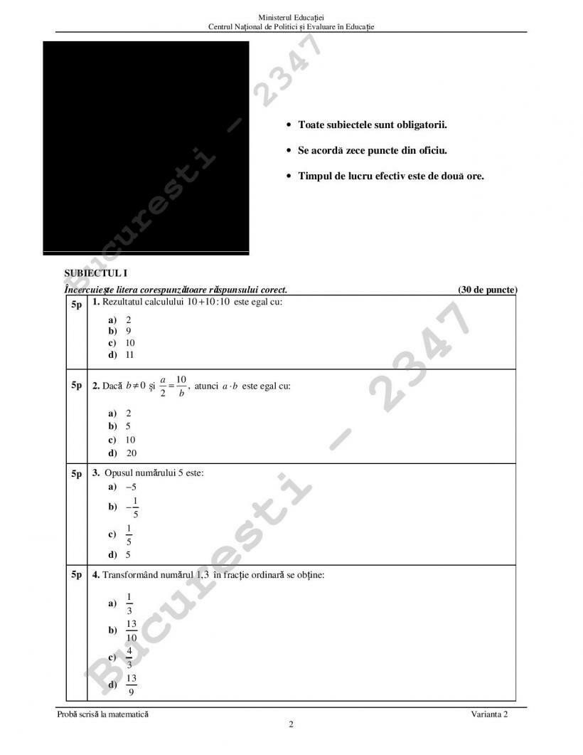 Subiecte Matematica Evaluare Nationala 2022 - 1