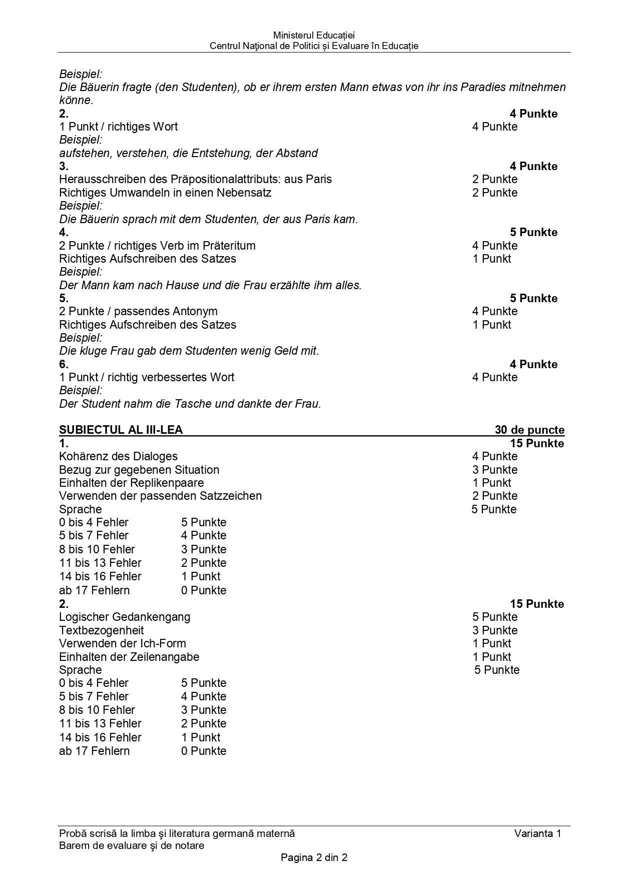 Barem limba germană Evaluare Națională - 1