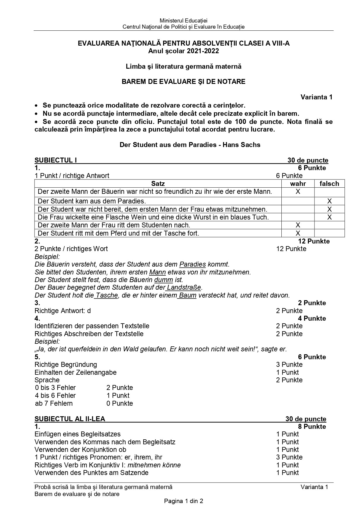 Barem limba germană Evaluare Națională - 2