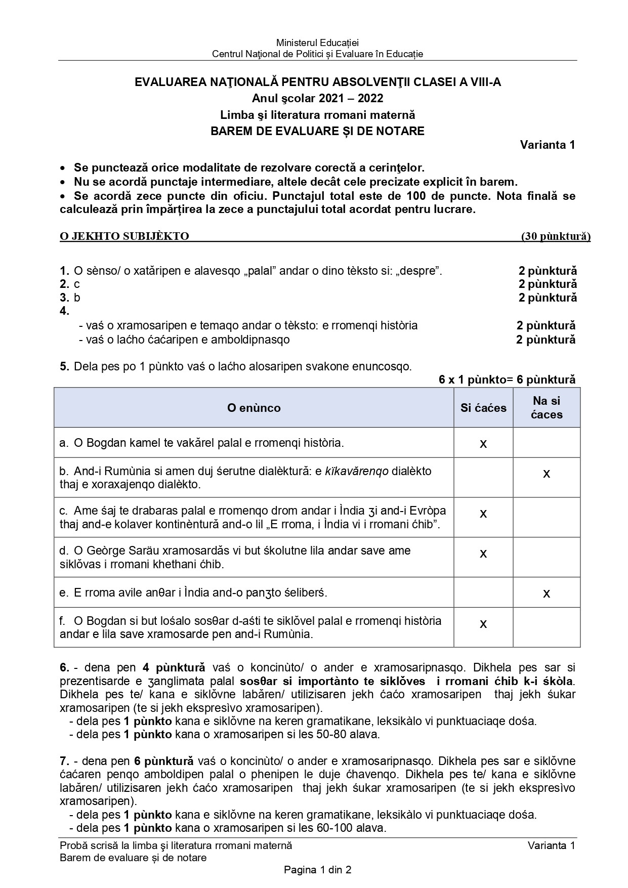Barem Limba rromani Evaluare Națională 2022 - 2