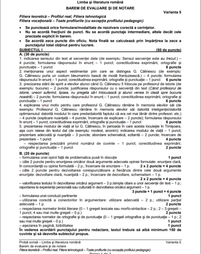 Subiecte Bac romana anul trecut