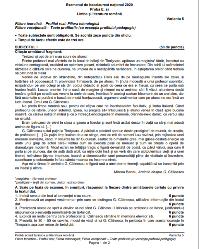 Subiecte Bac romana anul trecut