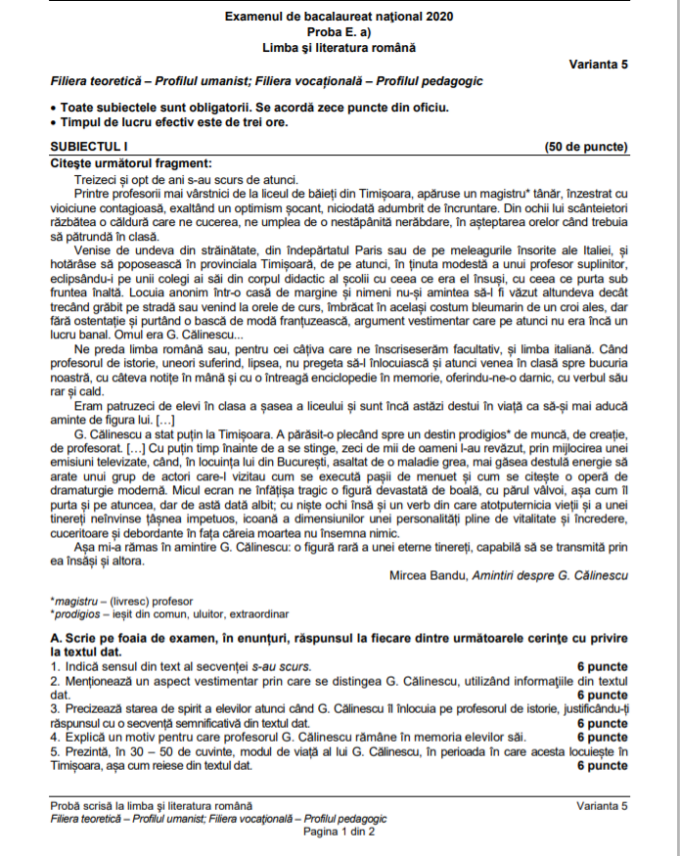 Subiecte Bac romana anul trecut - uman