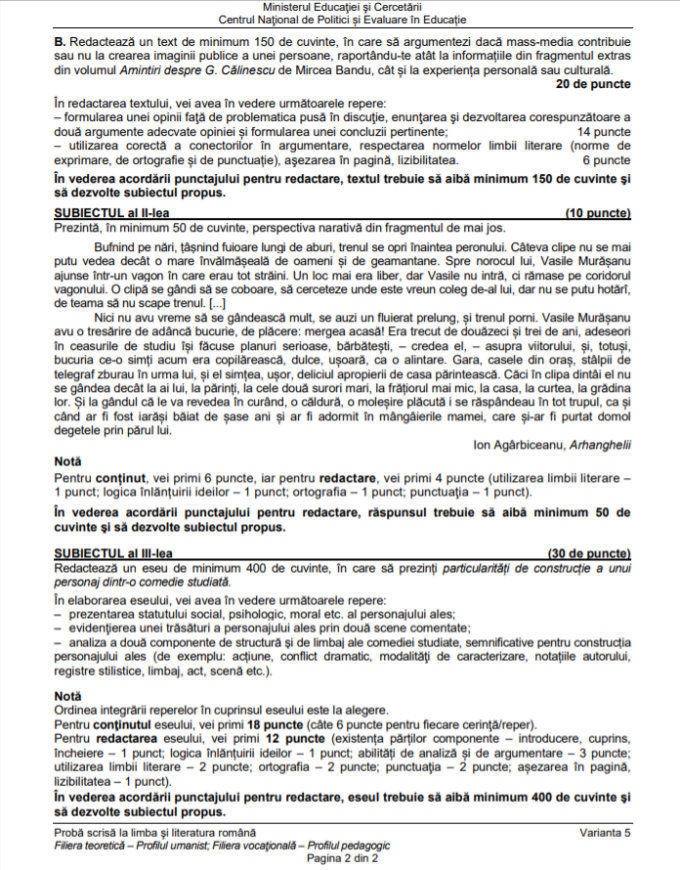 Subiecte Bac romana anul trecut - uman