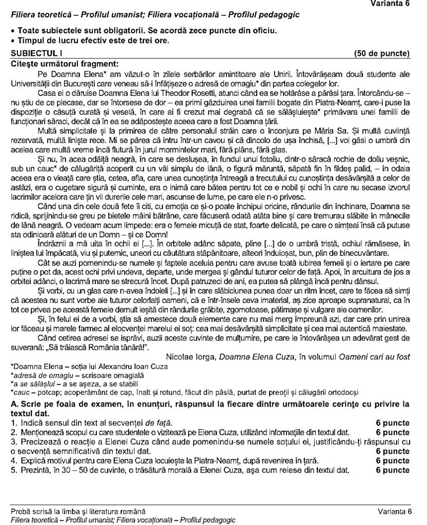 Subiecte Bac romana - uman