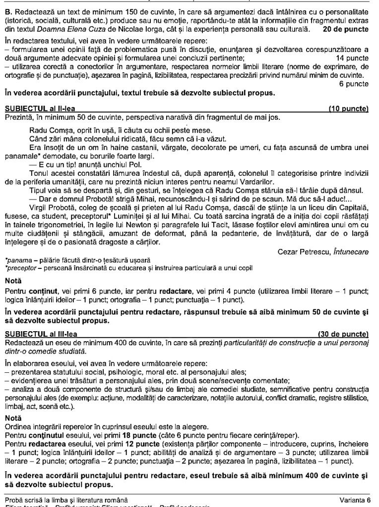 Subiecte Bac romana uman