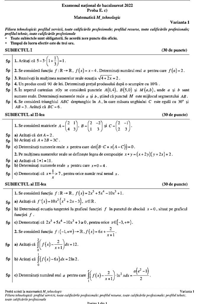 Subiecte Bac Matematică Mate-Info