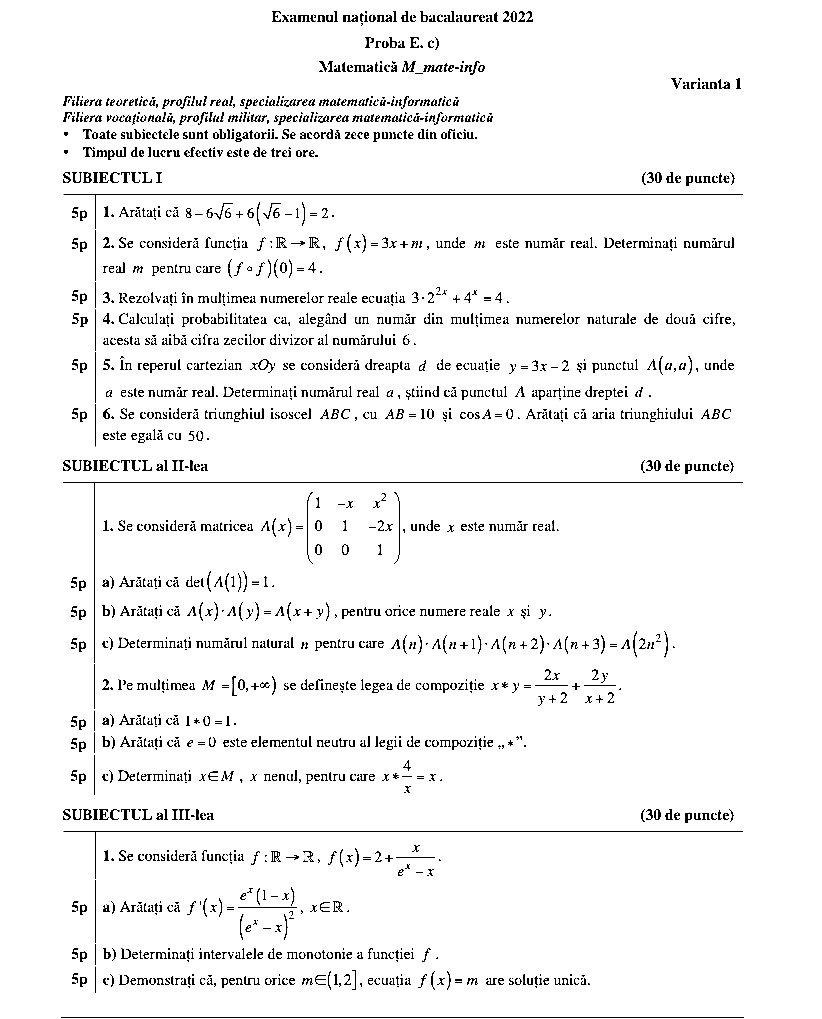 Subiecte matematica - Mate info BAC 2022