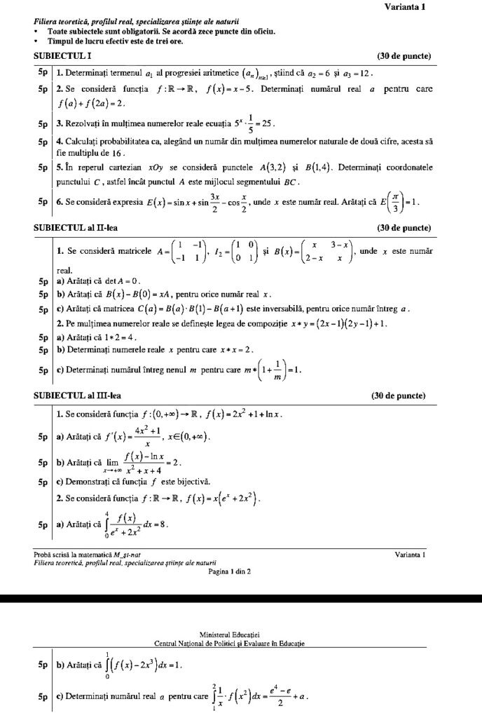 subiecte matematica Științele Naturii BAC 2022