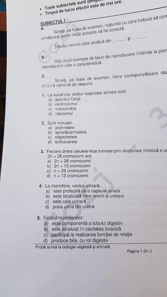 Biologie vegetală și animală Bac 2022