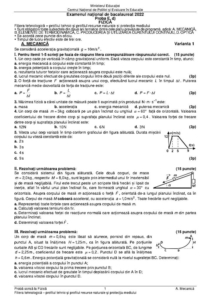 Subiecte Fizica BAC 2022
