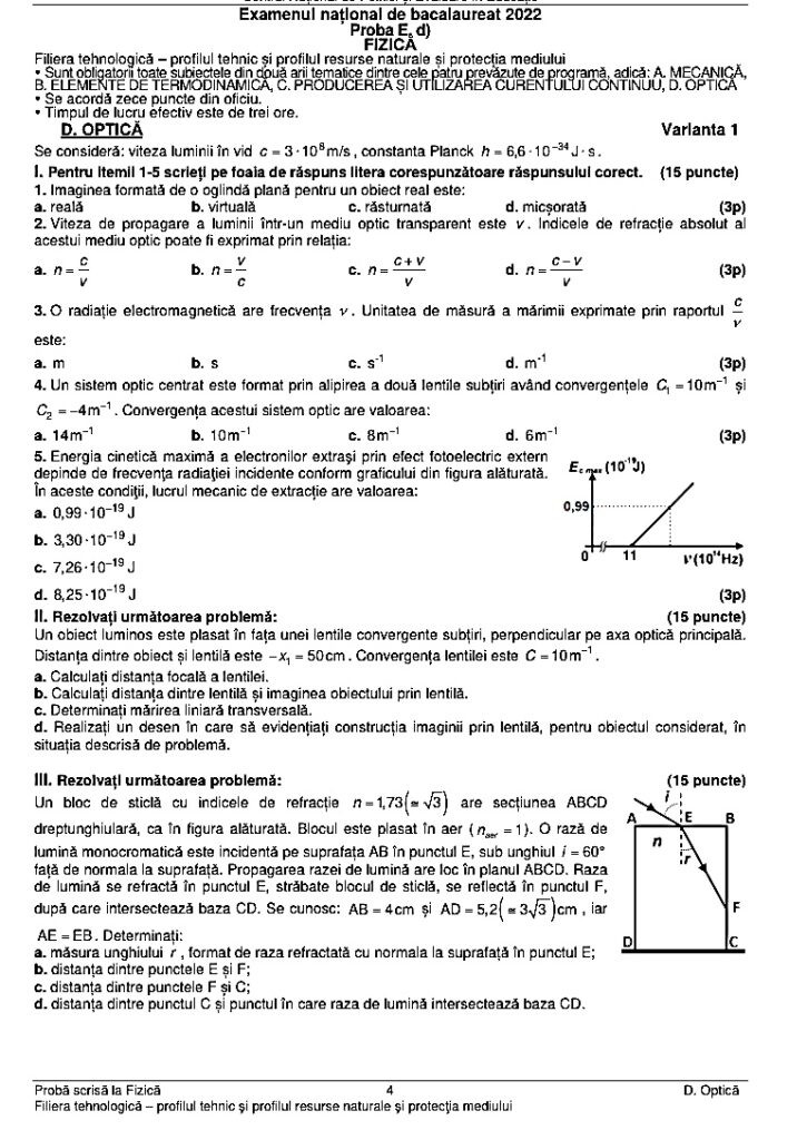 Subiecte Fizica BAC 2022