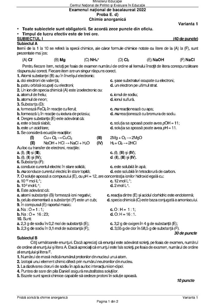 Subiecte Chimie BAC 2022