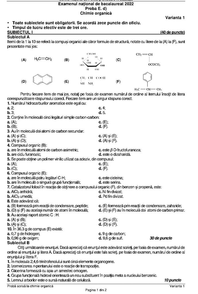 Subiecte Chimie BAC 2022