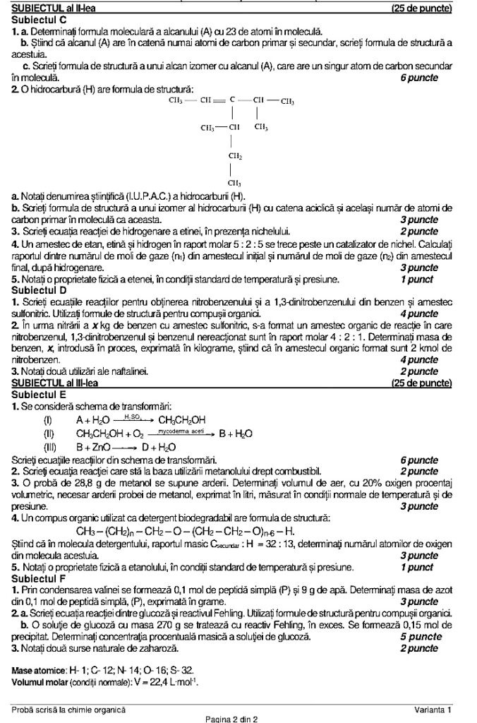 Subiecte Chimie BAC 2022