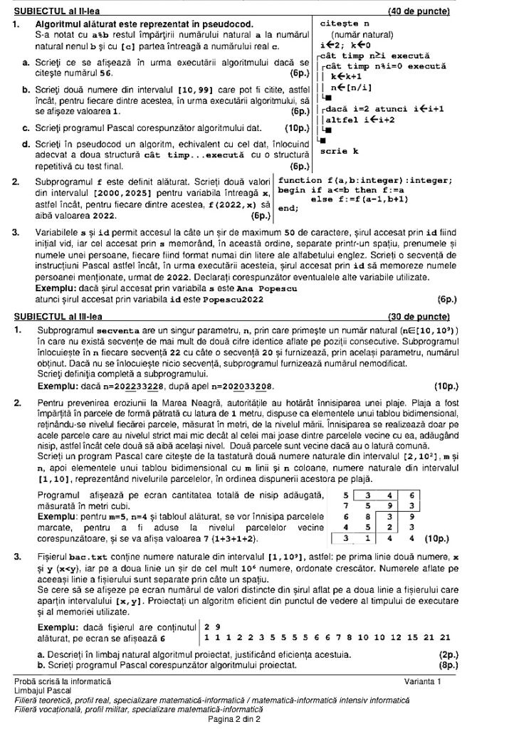 Subiecte Informatică BAC 2022