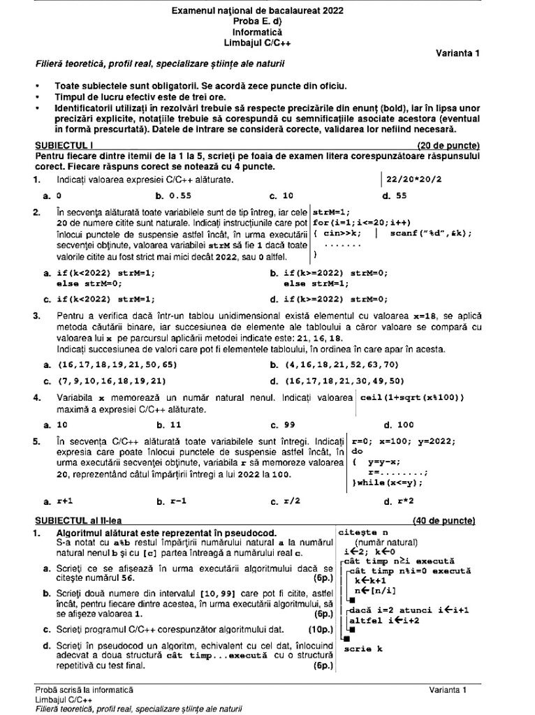 Subiecte Informatică BAC 2022