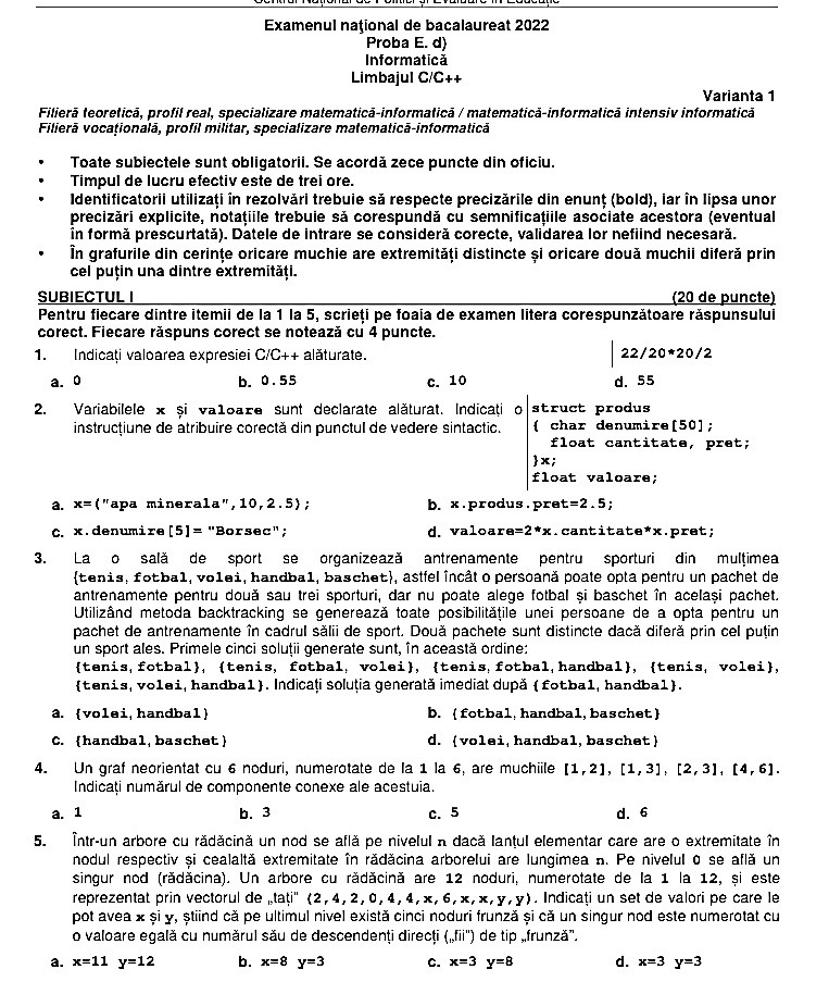 Subiecte Informatică BAC 2022