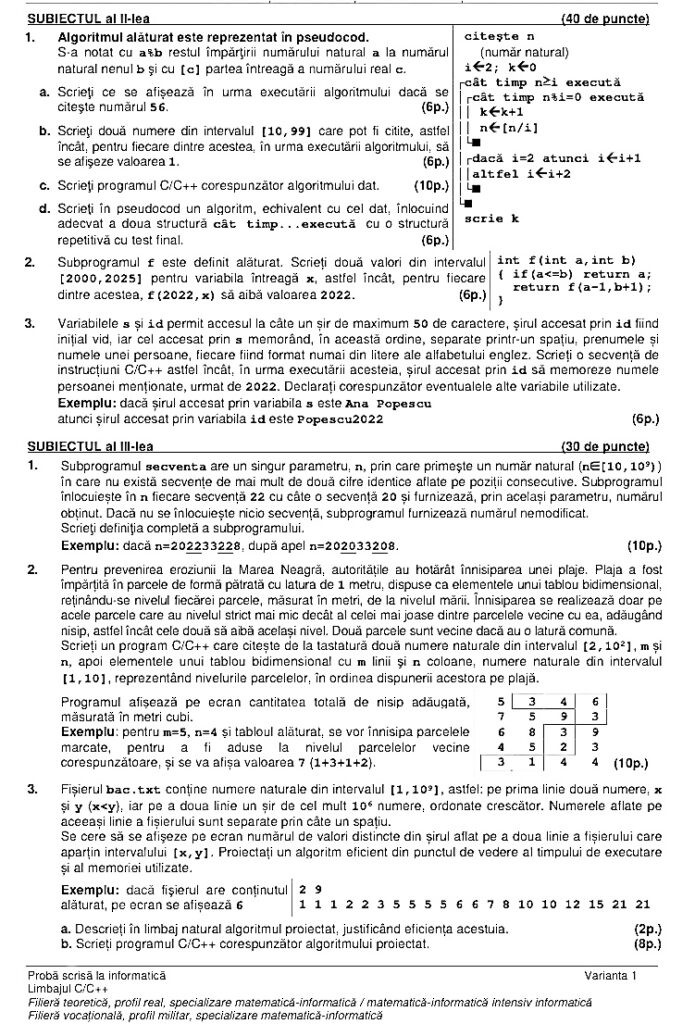 Subiecte Informatică BAC 2022