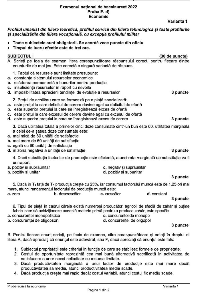 Subiecte Economie BAC 2022