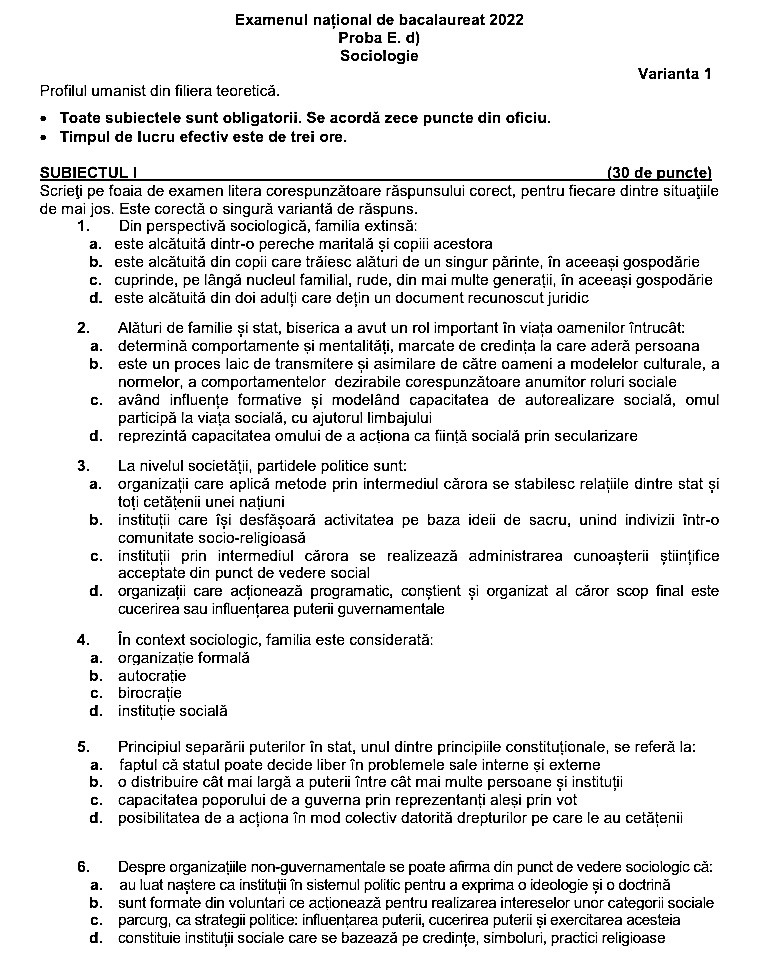 Subiect Sociologie Bac 2022