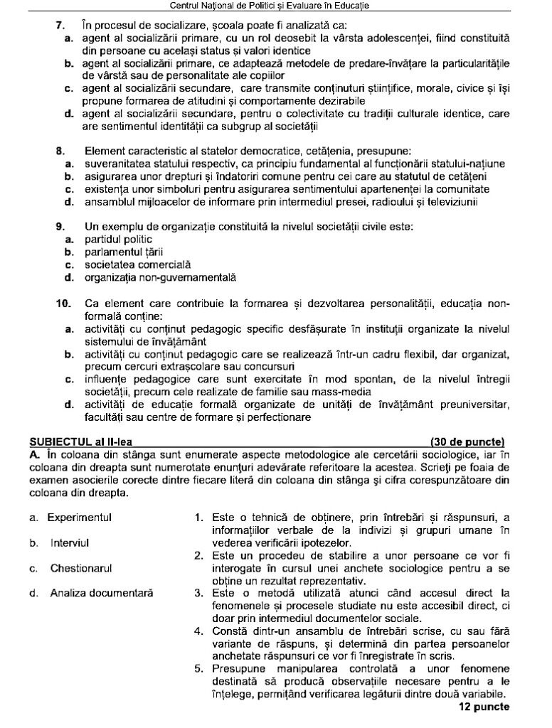 Subiect Sociologie Bac 2022