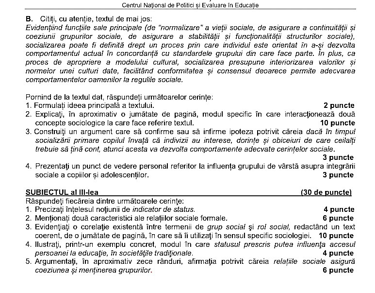 Subiect Sociologie Bac 2022