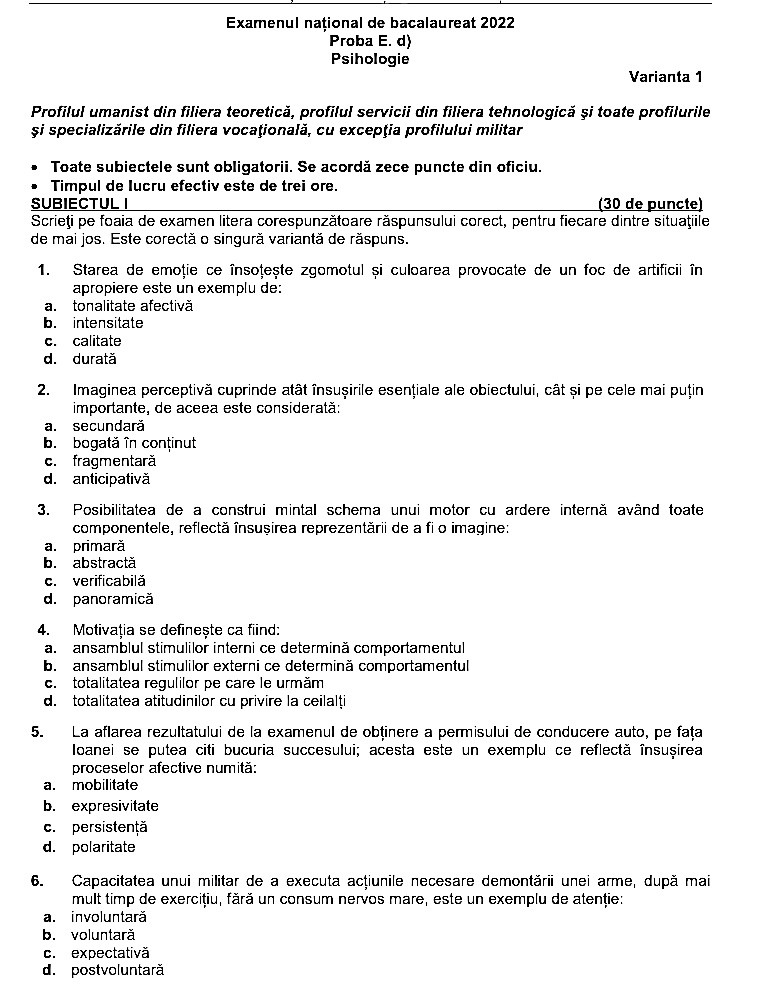 Subiect Psihologie Bac 2022