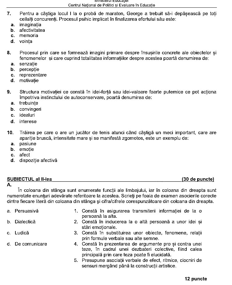 Subiect Psihologie Bac 2022