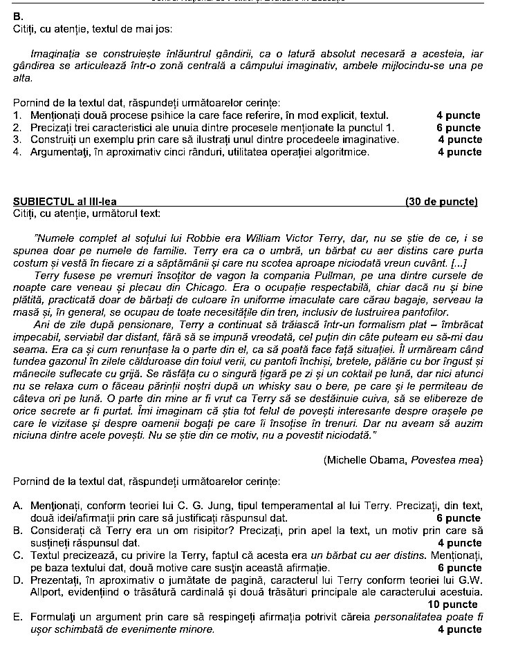 Subiect Psihologie Bac 2022