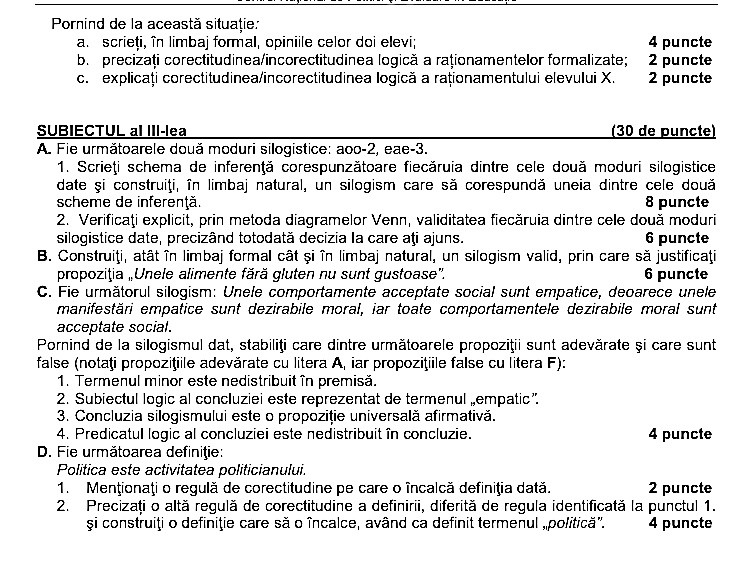 Subiect Logica Bacalaureat 2022