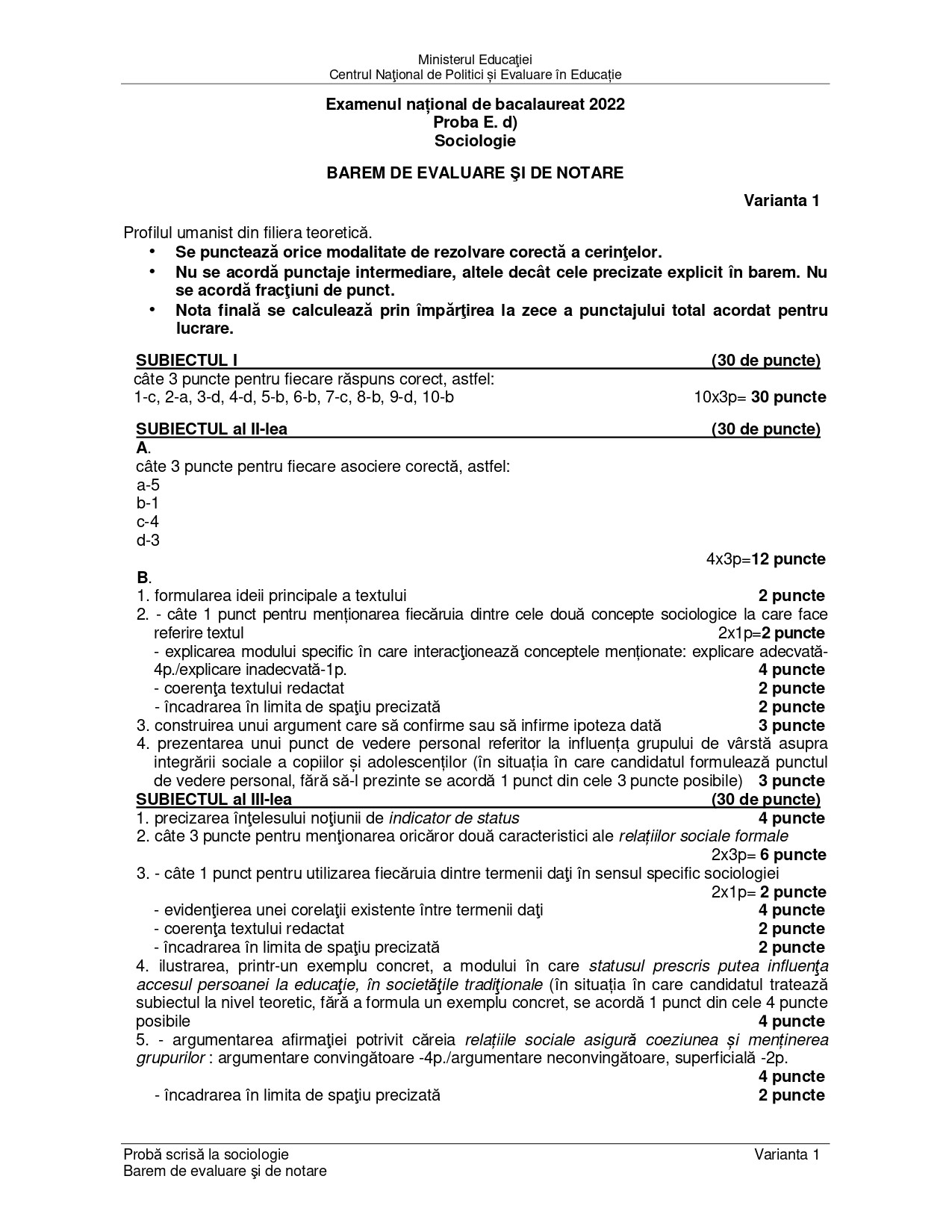 Barem Sociologie BAC 2022