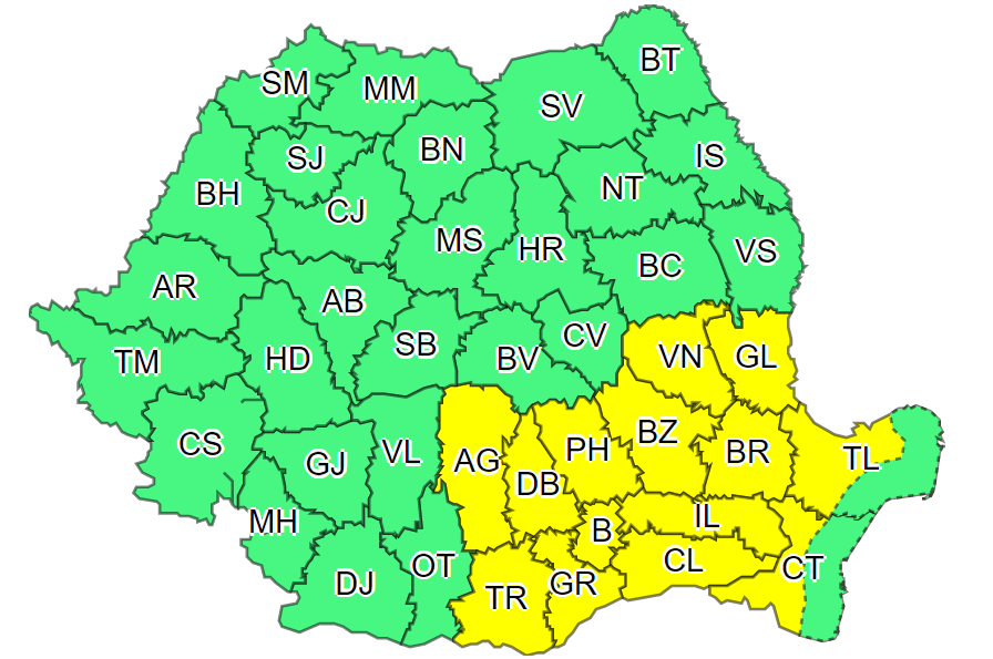 Cod galben de instabilitate atmosferică. Capitala şi alte 13 judeţe, vizate de avertismentul meteo