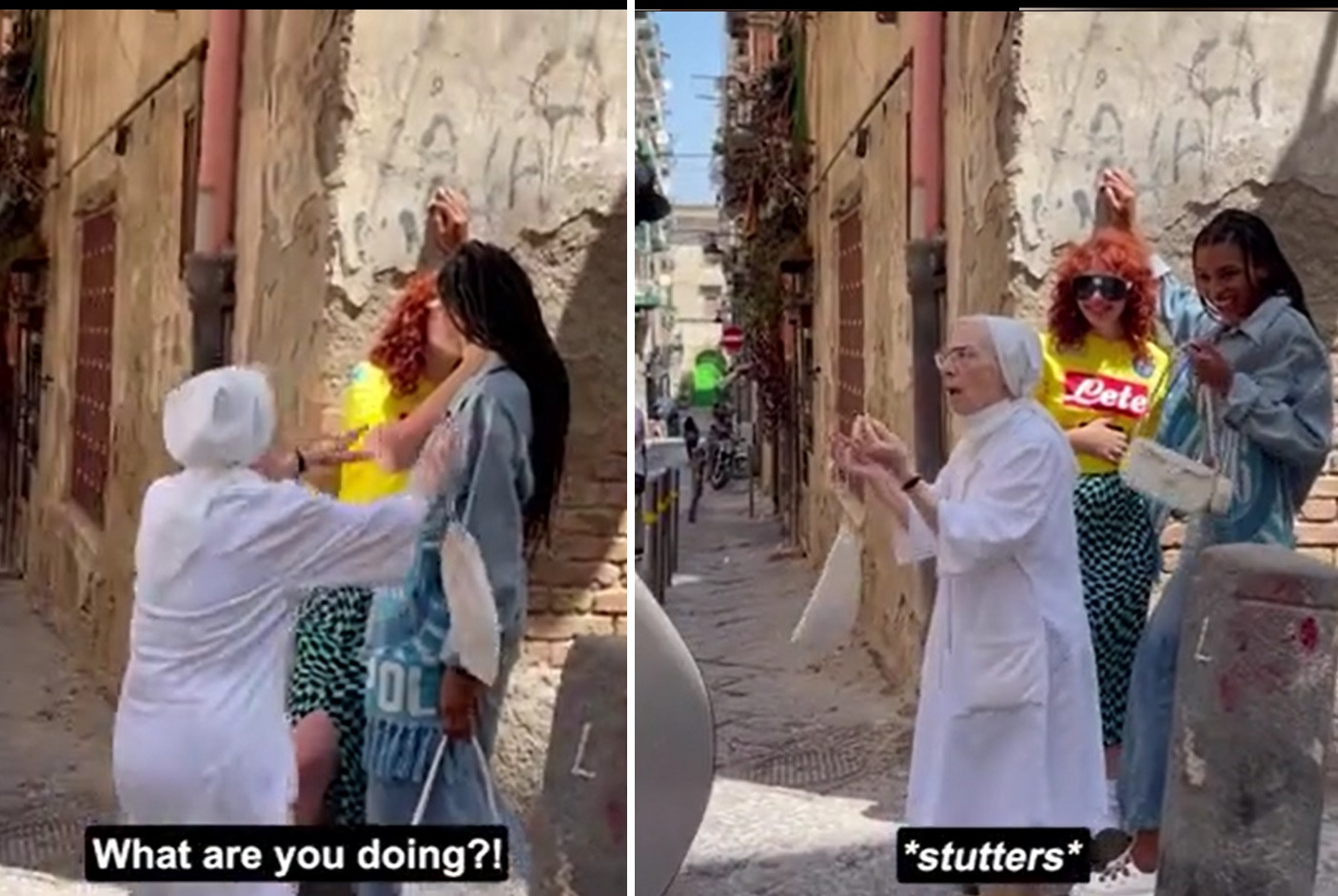 Reacția nervoasă a unei călugărițe când a văzut două modele care se sărutau pe stradă. VIDEO