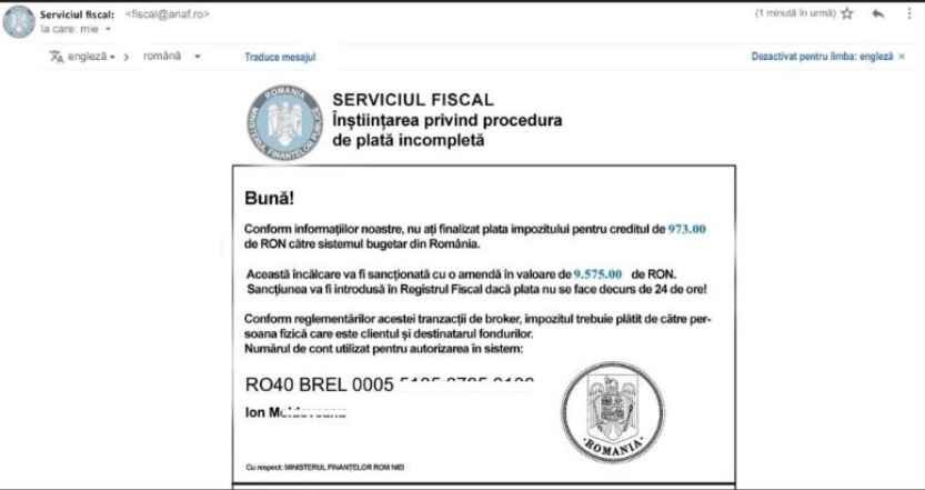 Tentativă de phishing în numele ANAF. Infractorii cibernetici te păcălesc că ai impozite de plată