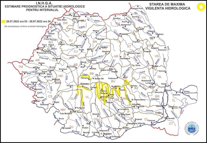 Atenţionare hidrologică Cod galben pentru cinci bazine hidrografice
