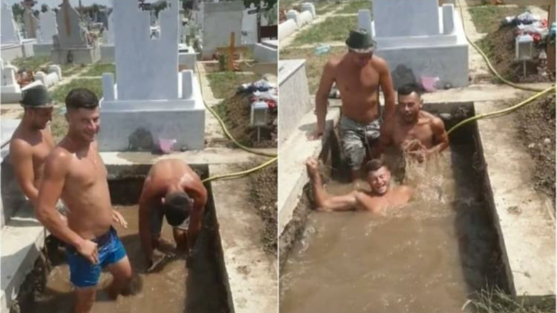 Piscină în cavou. Trei tineri s-au bălăcit într-un cimitir, cu crucea la cap | VIDEO