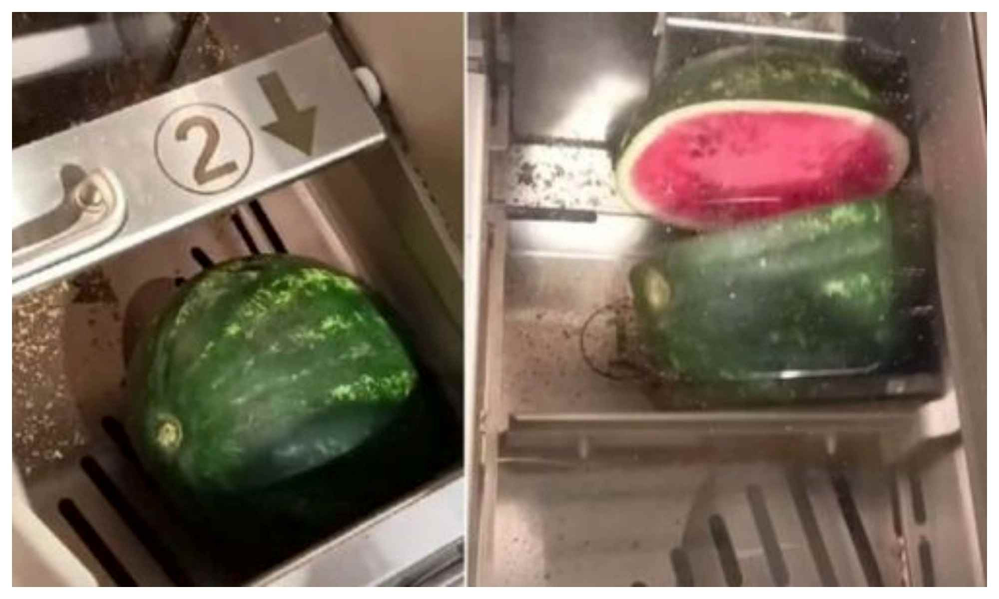 Pepene tăiat în feliatorul de pâine, într-un magazin din Brașov. „De aici e ideea de a manca pepene cu pâine” | VIDEO