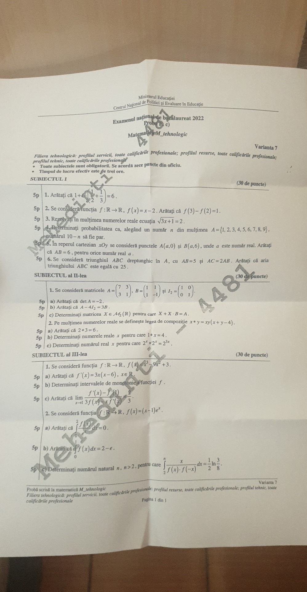 Subiecte mate tehnologic Bacalaureat 2022- sesiunea de toamnă