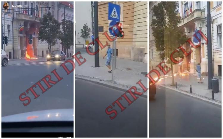 Un bărbat a dat foc ușii Primăriei din Cluj Napoca. Totul a fost filmat