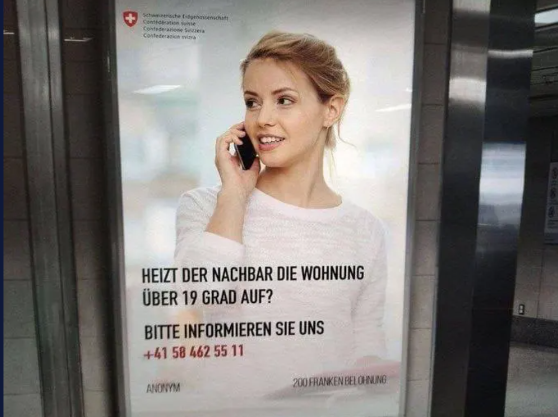 Un afiș controversat a declanșat o anchetă în Elveția. „Vecinul încălzește apartamentul la peste 19 grade? Sună-ne!”