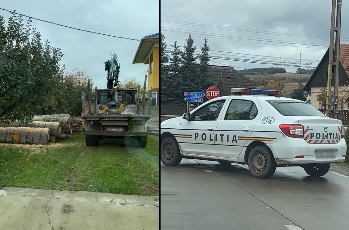 Reacția unor activiști de mediu când au văzut că lemnele tăiate ilegal sunt descărcate în curtea sediului de poliție