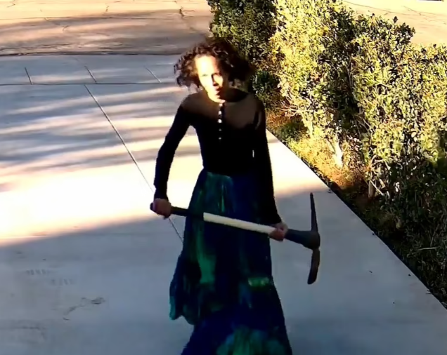 Momentul terifiant în care o femeie „atacă” o casă din vecini cu târnăcopul. Cine se afla în interior