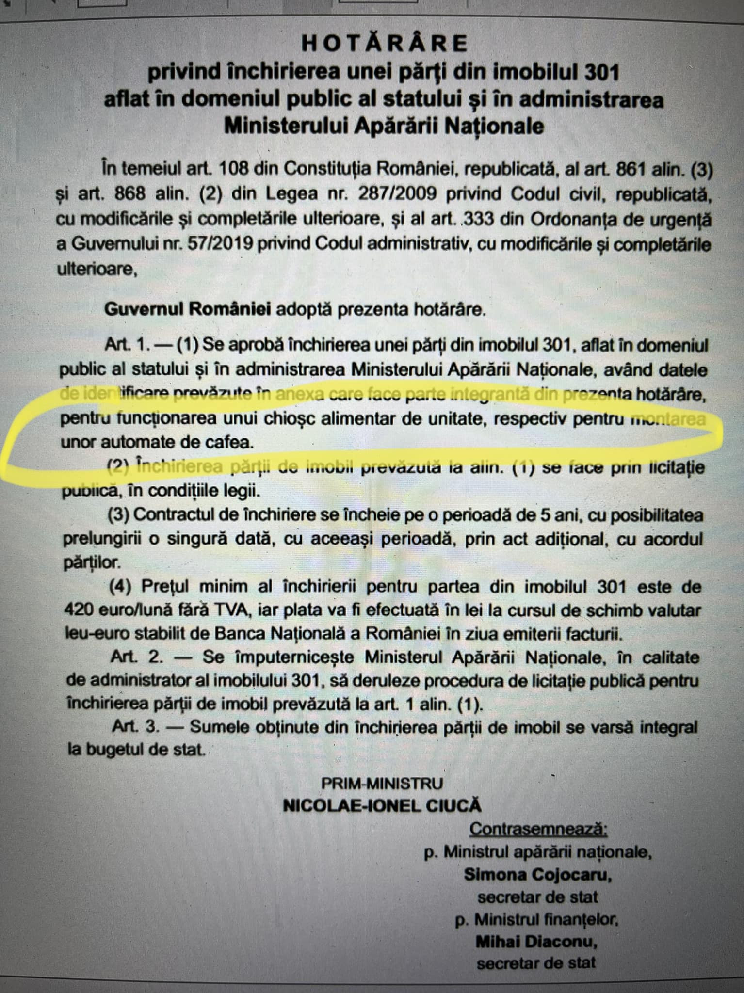 Nicolae Ciucă a semnat o Hotăr&acirc;re de Guvern pentru un chioșc și automate de cafea, &icirc;ntr-o unitate MApN