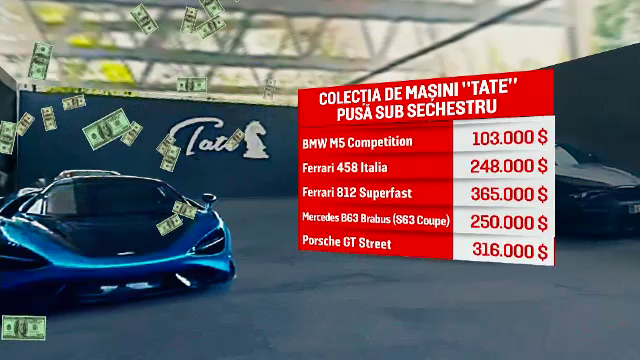 O parte din mașinile de lux ale fraților Tate au fost ridicate și puse sub sechestru. Vor fi păstrate într-un depozit secret