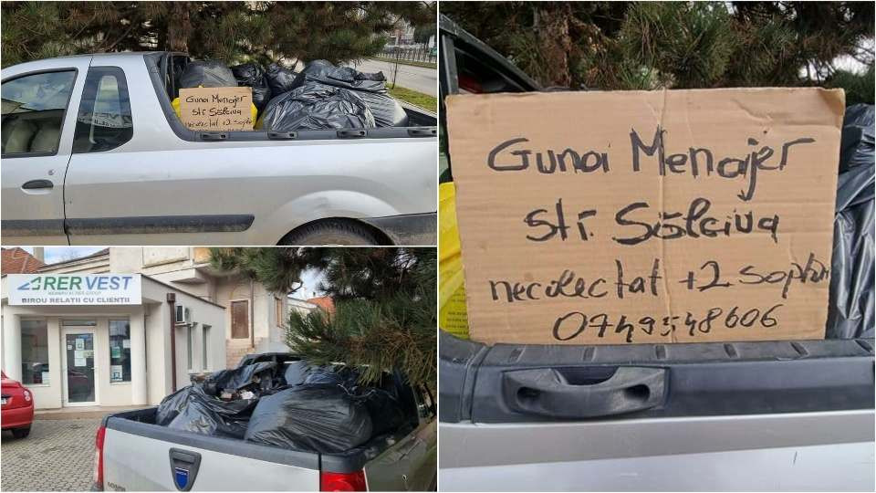 Gunoaie neridicate de două săptămâni, duse de localnici în fața societății de salubritate din Alba Iulia