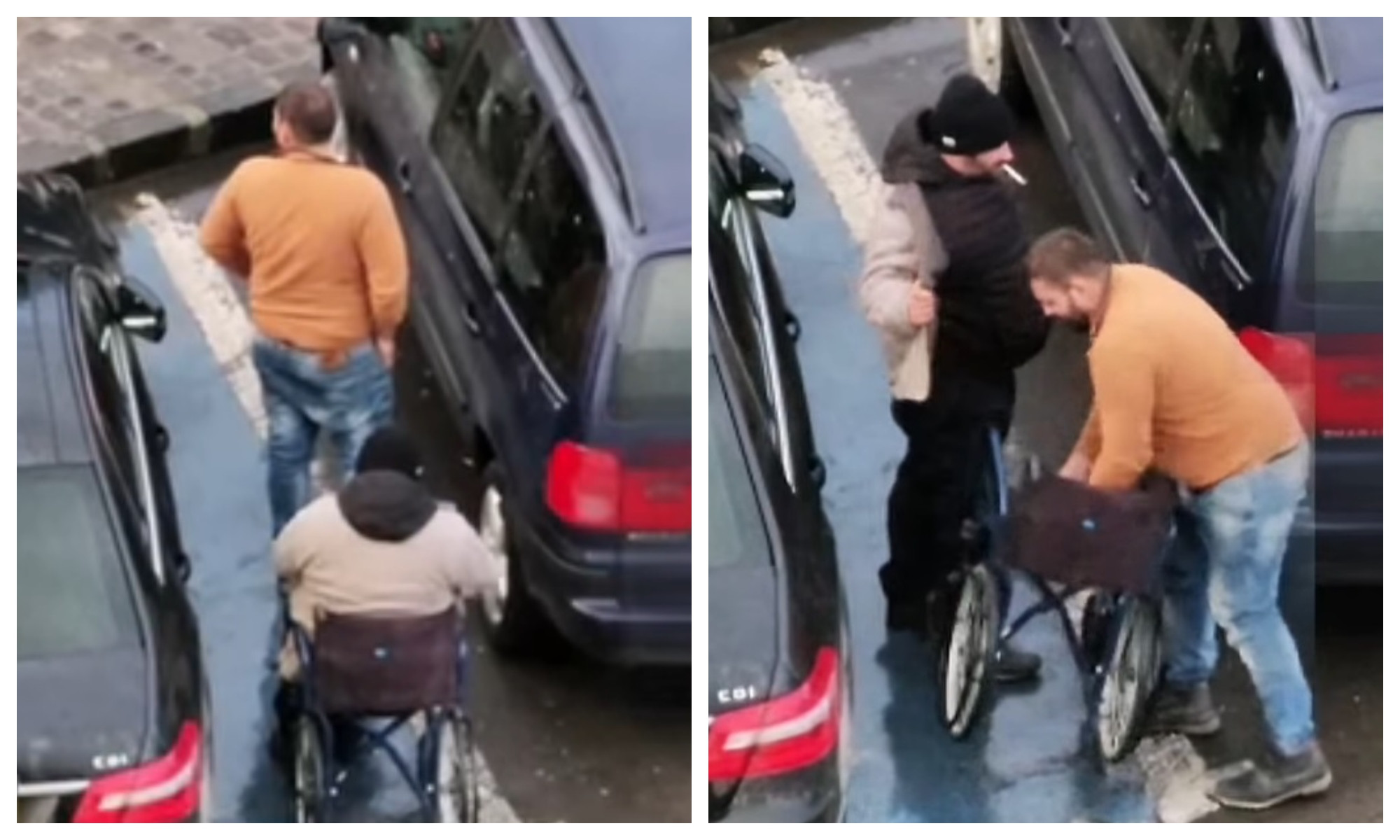 Bărbatul în scaunul cu rotile care se ridică și merge, urcând în mașina prietenilor. „Miracolul” din Brașov, filmat