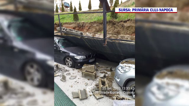 Șase mașini au fost strivite de un zid de beton dintr-un cartier rezidențial din Cluj-Napoca