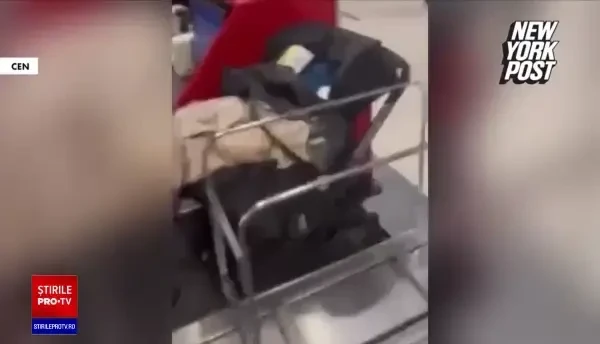 Primele imagini cu bebelușul lăsat de părinți pe banda de bagaje la check-in pentru că nu avea bilet